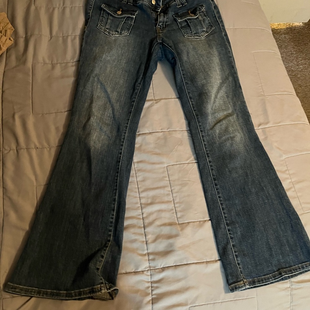 Blue Flare Boot Cut Pants with Vintage Wash